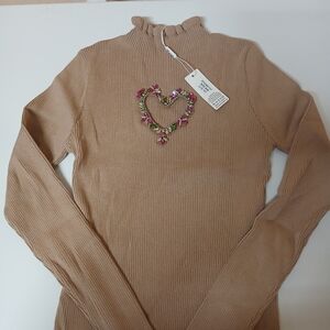 Embellished Heart Ribbed Mock Neck Top - Camel with Pink & Green Accent